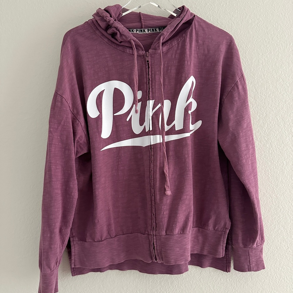 PINK Victoria's Secret Full Zip Hoodie Women L? Purple Slub Knit Logo Graphic